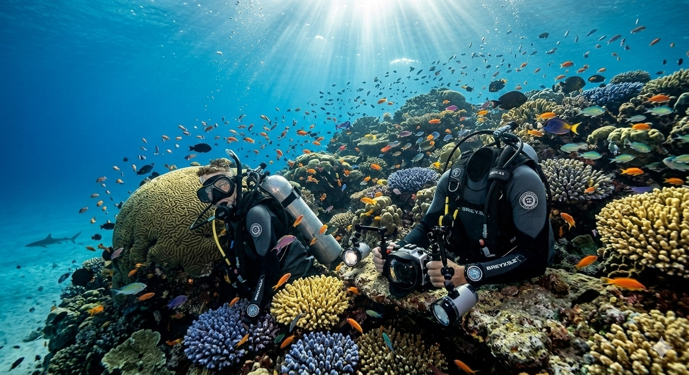 Prompt for Nano Banana2: A breathtaking underwater view of scuba diving gear near a vibrant coral reef, schools of colorful tropical fish swimming by, clear blue water, hyper-realistic, 4k.